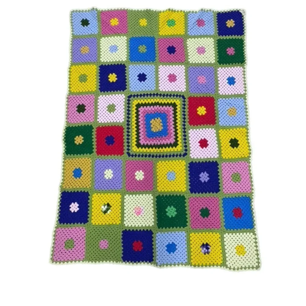 Afghan Handmade Multicolor Crochet Blanket Grandma Squares 46” x 62”